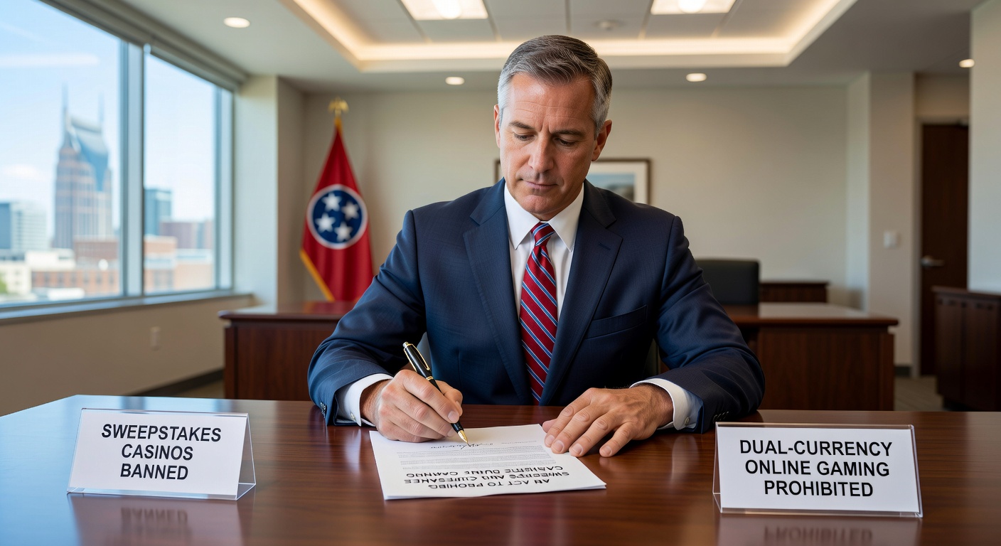 Close-up view of legislative documents and a pen on a wooden desk, symbolizing the signing of the Tennessee sweepstakes casino ban bill