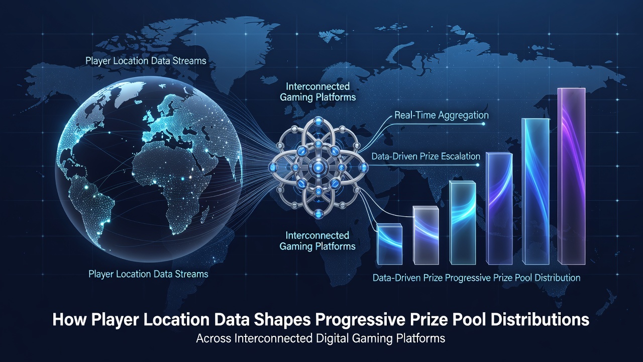 Network diagram showing player locations influencing progressive jackpot allocations across multiple digital gaming servers and regions