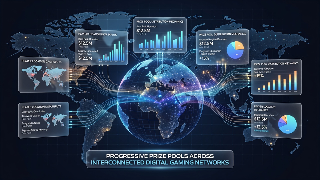 Dashboard interface displaying real-time progressive pool contributions segmented by geographic regions and player density maps