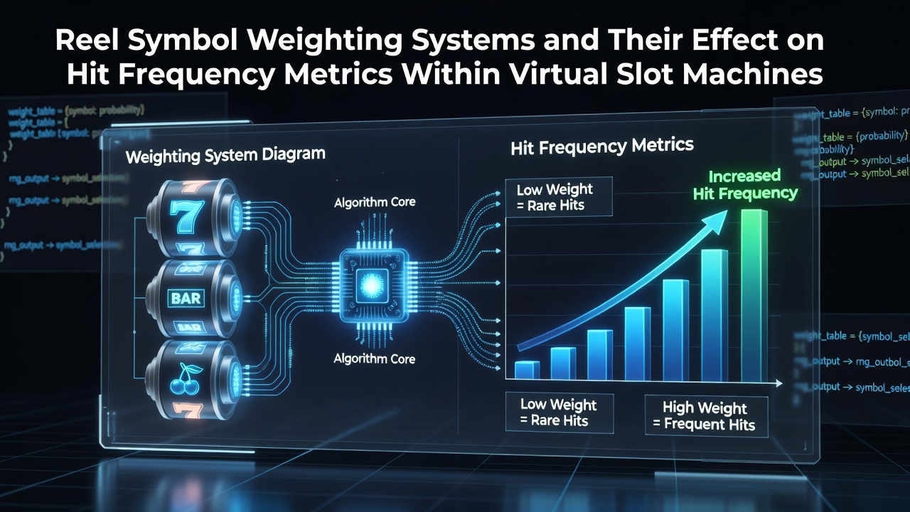 Diagram showing virtual reel strips with weighted symbols and probability calculations in slot machine software