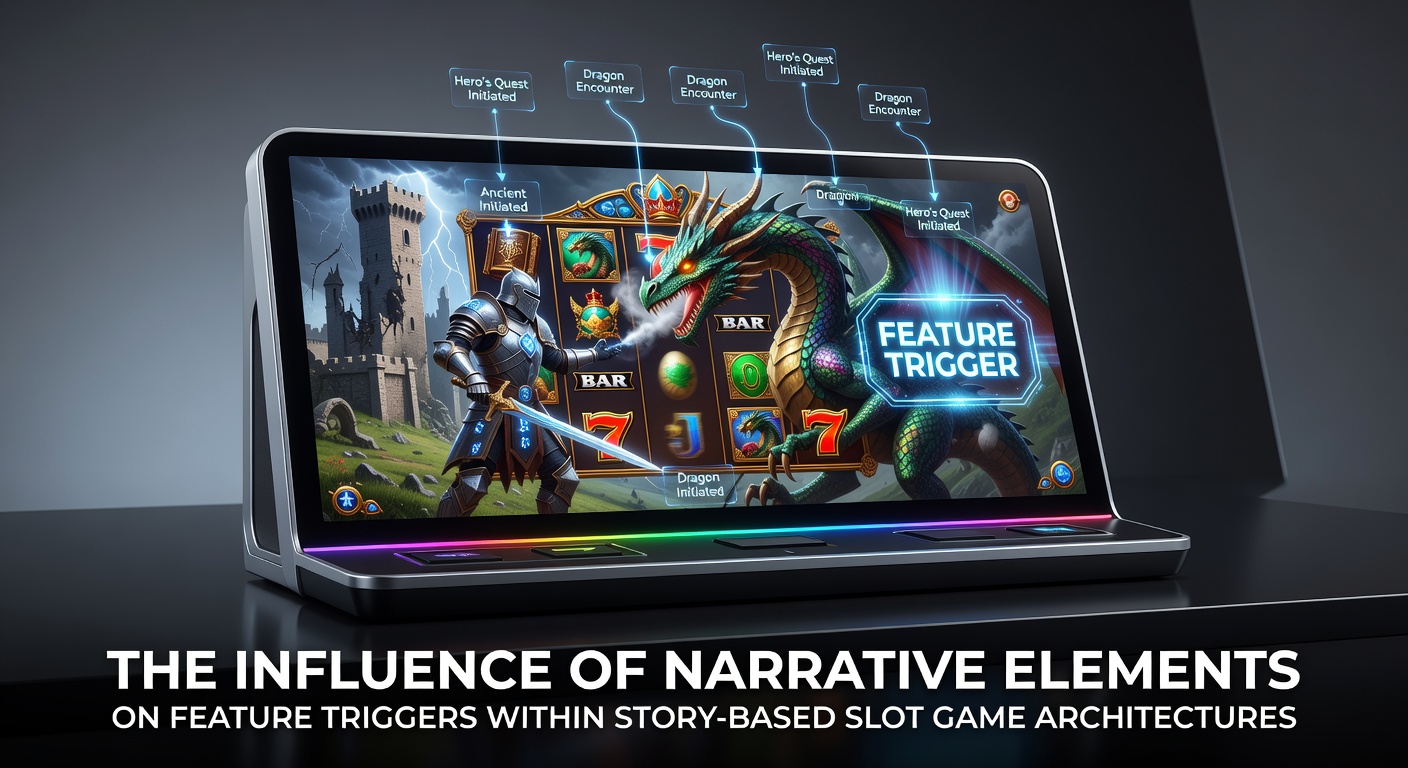 Visual representation of narrative-driven slot game interfaces showing story panels integrated with feature trigger symbols